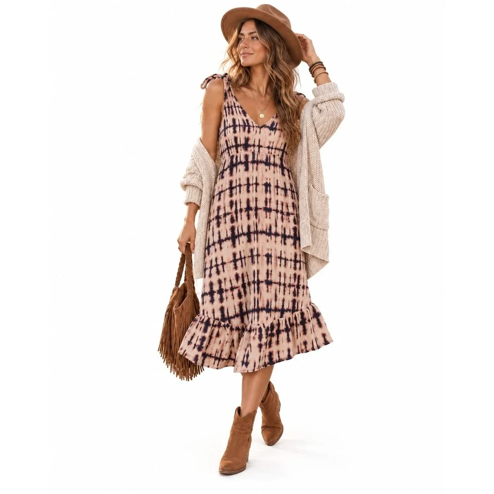 Boho 100% Cotton Tie Dye Midi Dress Tie Shoulder Ruffle Hem Fall Layering Small